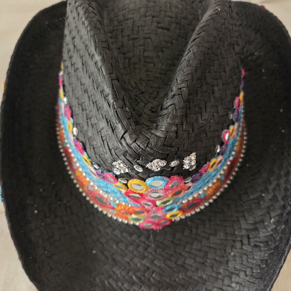 Vibrant Embroidered Black Straw Hat